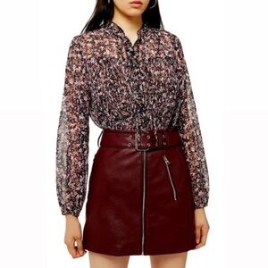 Topshop Tie Neck Pleated Plisse Floral Chiffon Top Black Multi Blouse